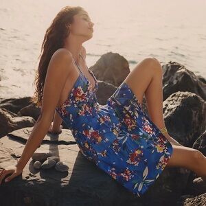 Anthropologie Blue Floral Halter Smocked Mini Dress